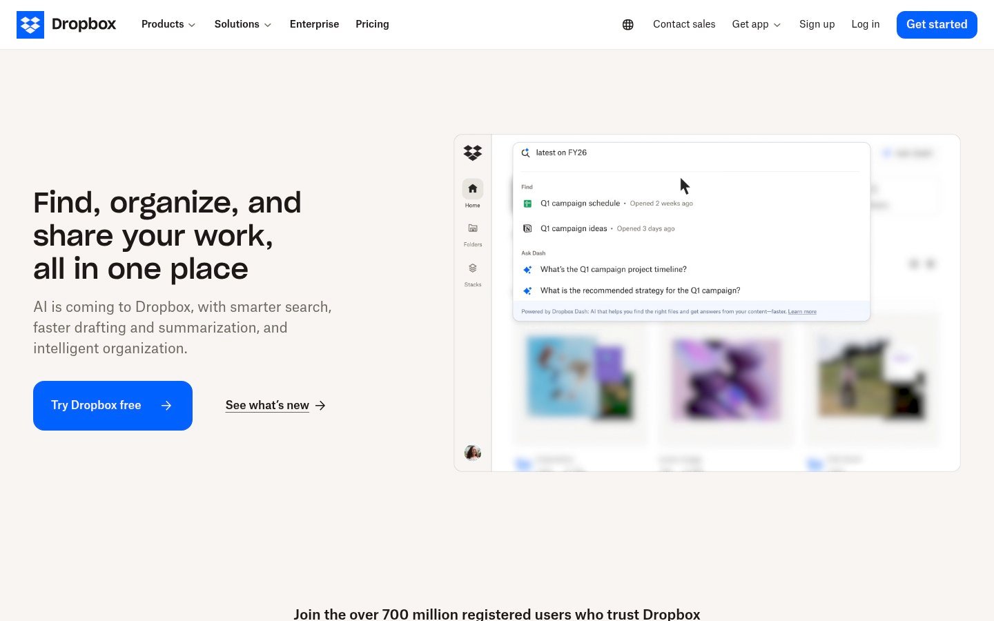 Screenshot of the dropbox.com homepage