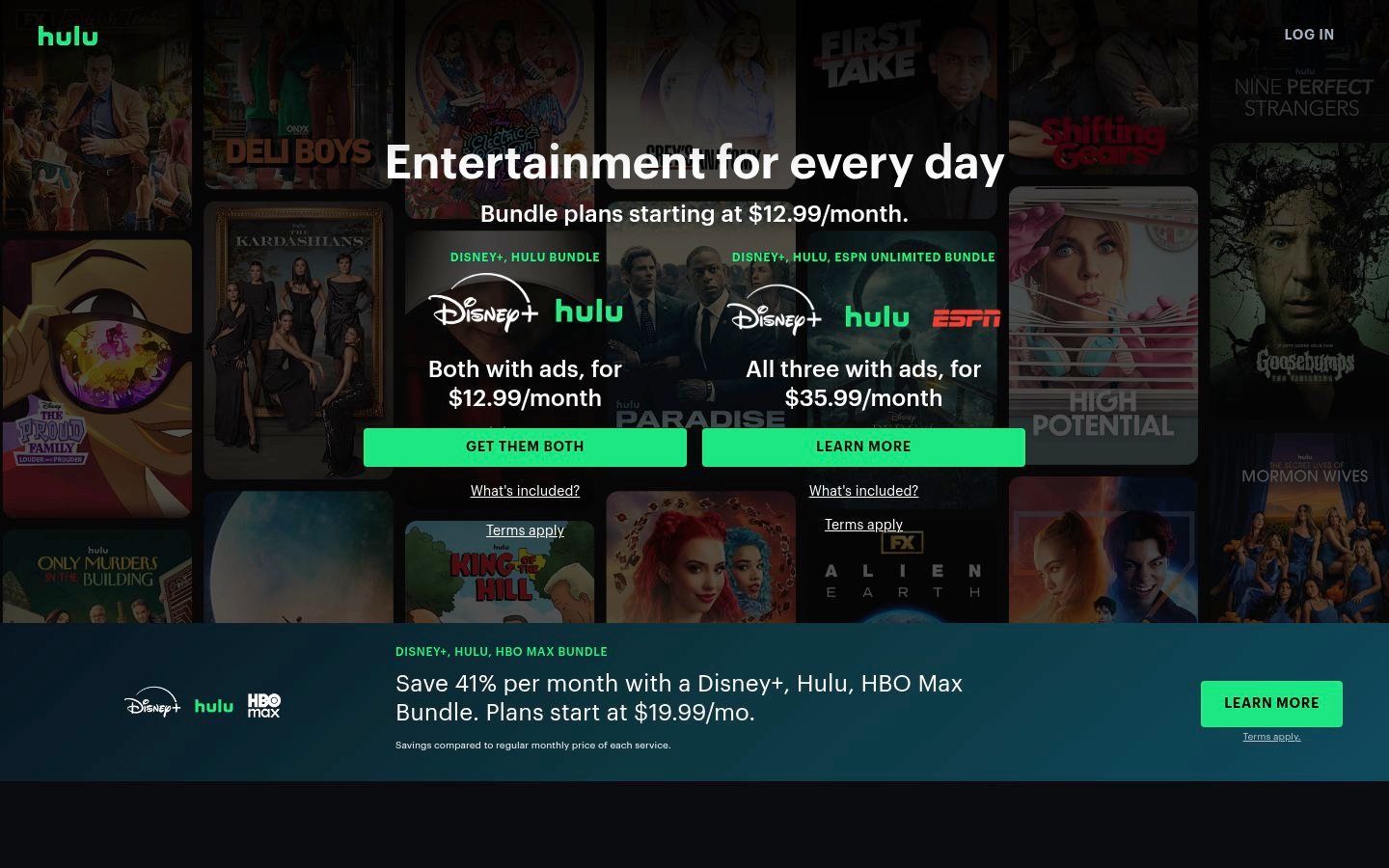 Screenshot of the hulu.com homepage