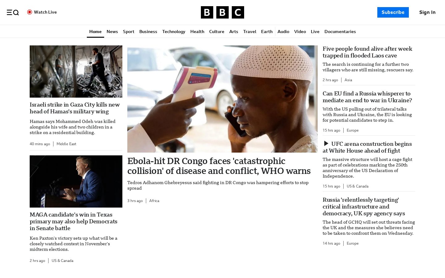 Screenshot of the bbc.com homepage