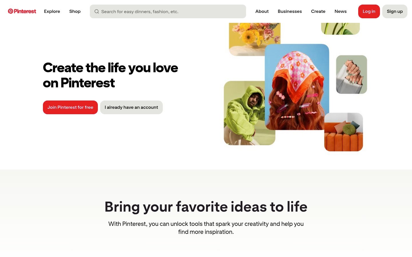 Screenshot of the pinterest.com homepage