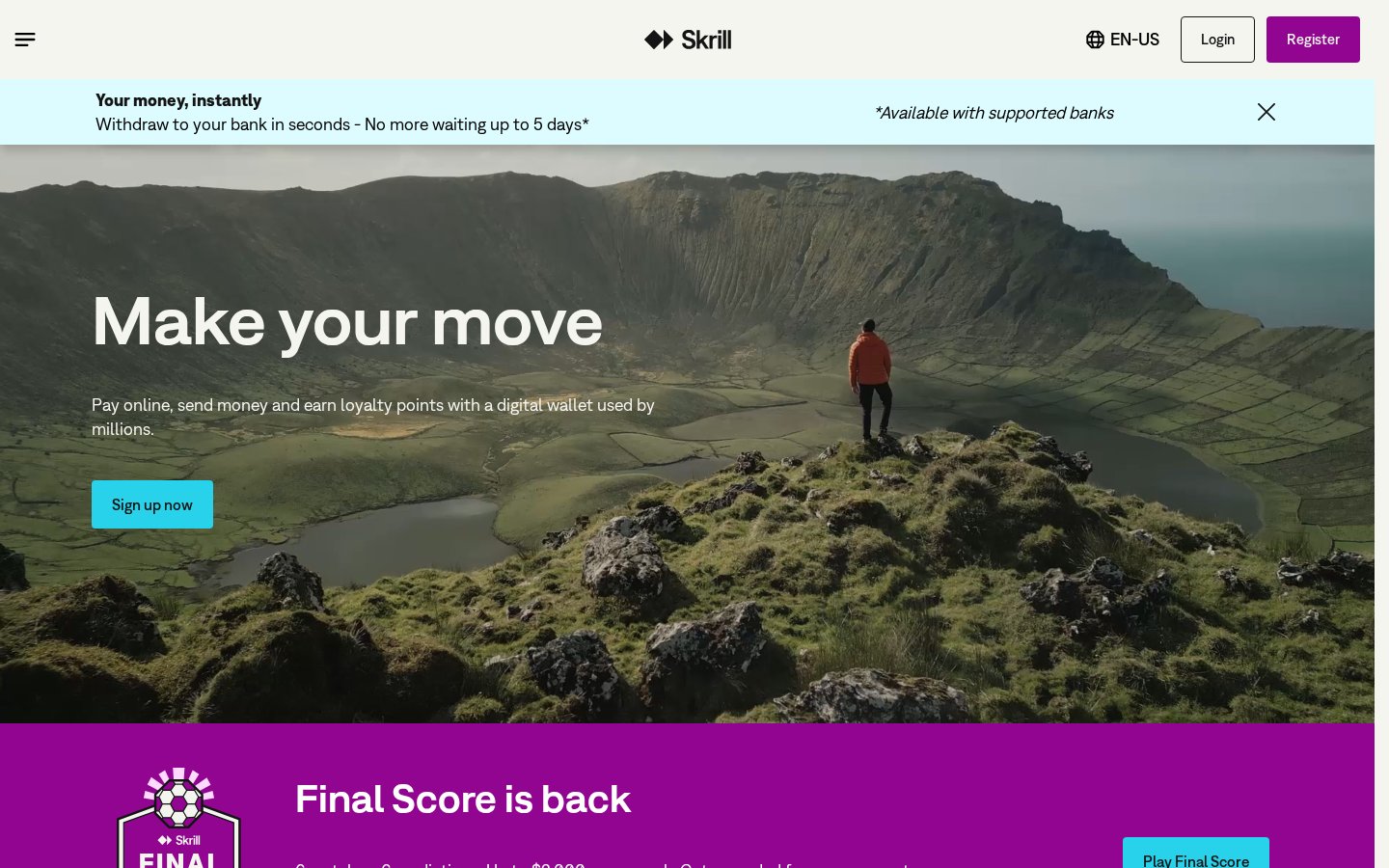 Screenshot of the skrill.com homepage
