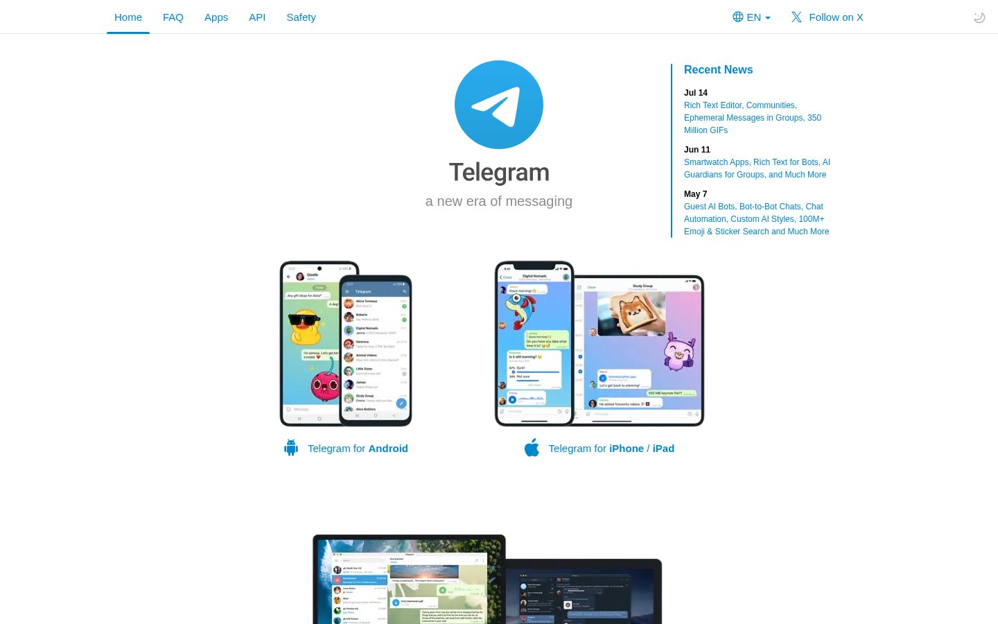 Screenshot of the t.me homepage