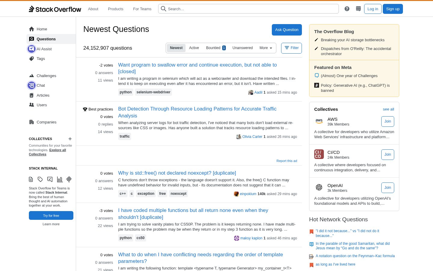 Screenshot of the stackoverflow.com homepage