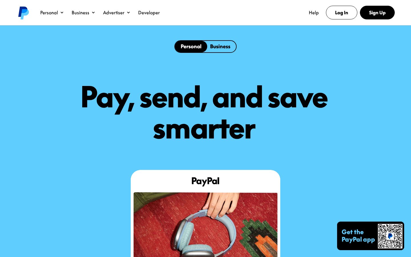 Screenshot of the paypal.com homepage