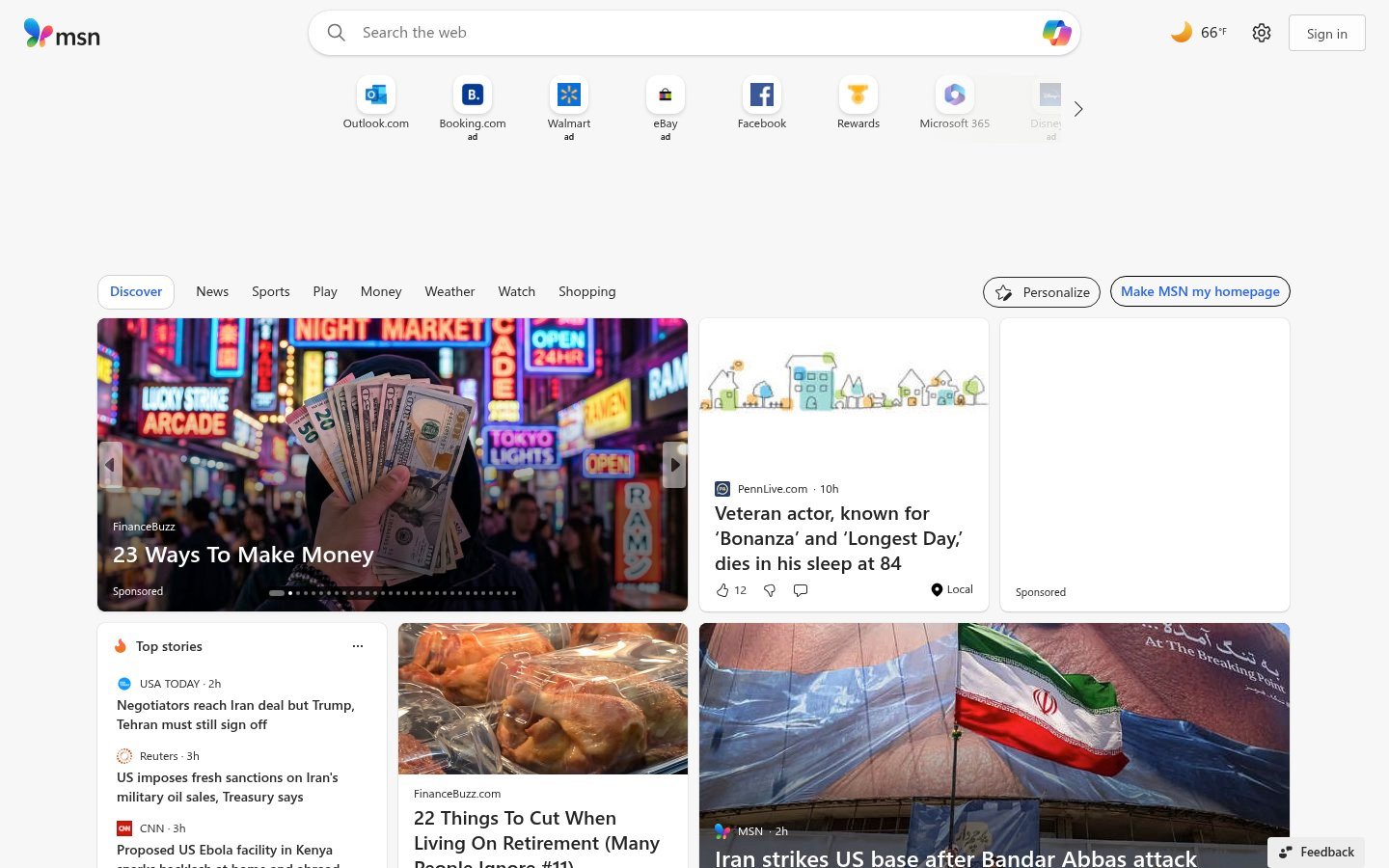 Screenshot of the msn.com homepage