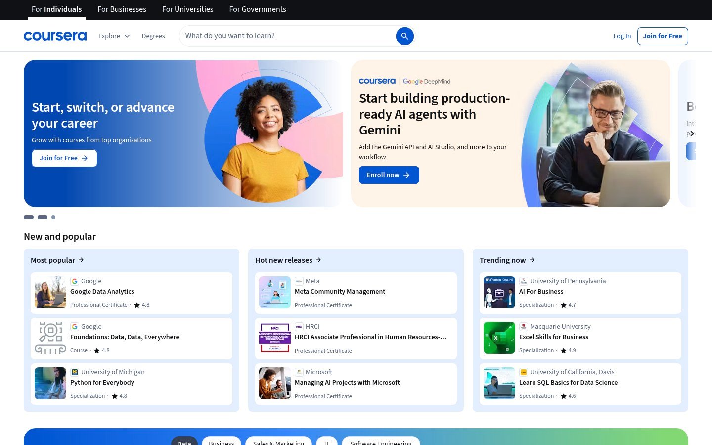 Screenshot of the coursera.org homepage