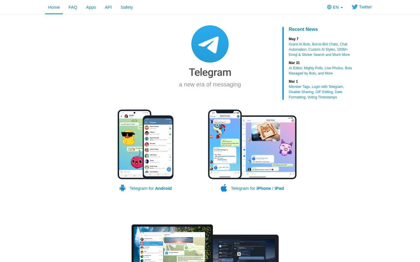 Screenshot of the telegram.org homepage