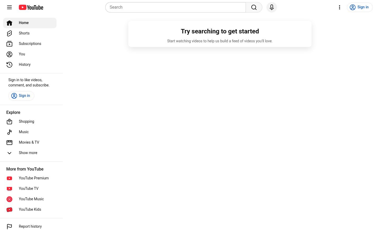 Screenshot of the youtube.com homepage