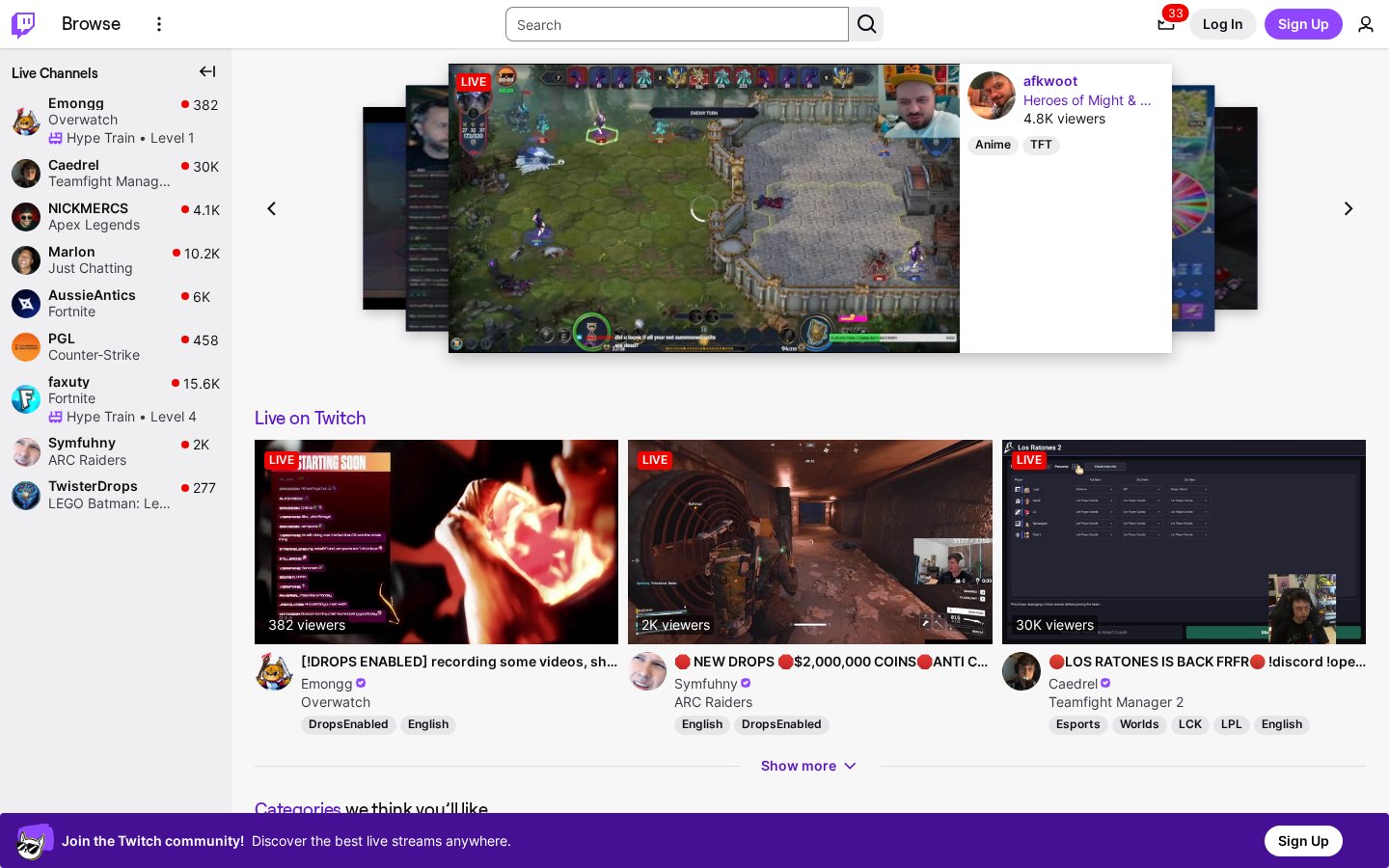 Screenshot of the twitch.tv homepage