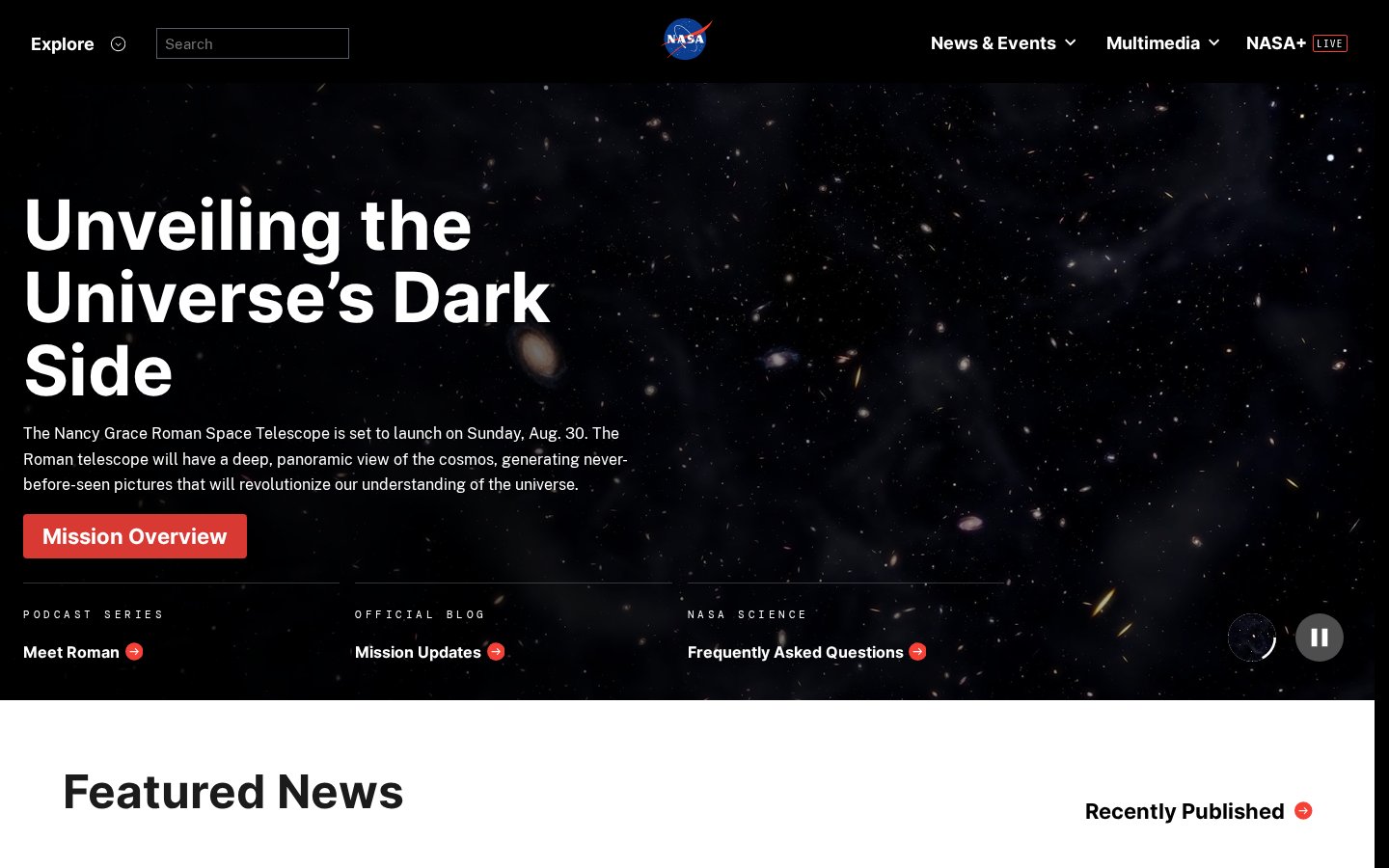 Screenshot of the nasa.gov homepage