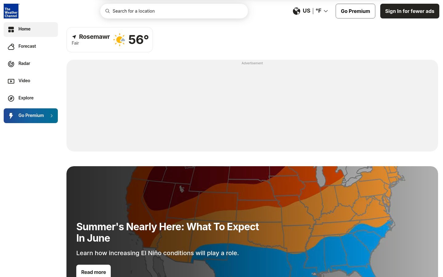 Screenshot of the weather.com homepage
