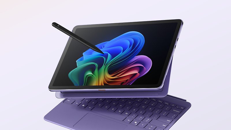 Microsoft — A violet, 12-inch Surface Pro, Copilot+ PC, with a matching keyboard and a slim pen.