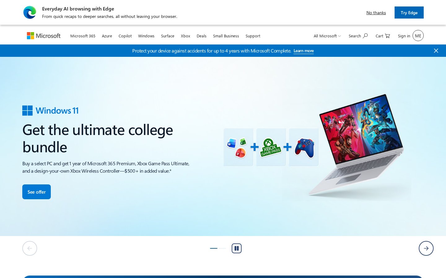 Screenshot of the microsoft.com homepage
