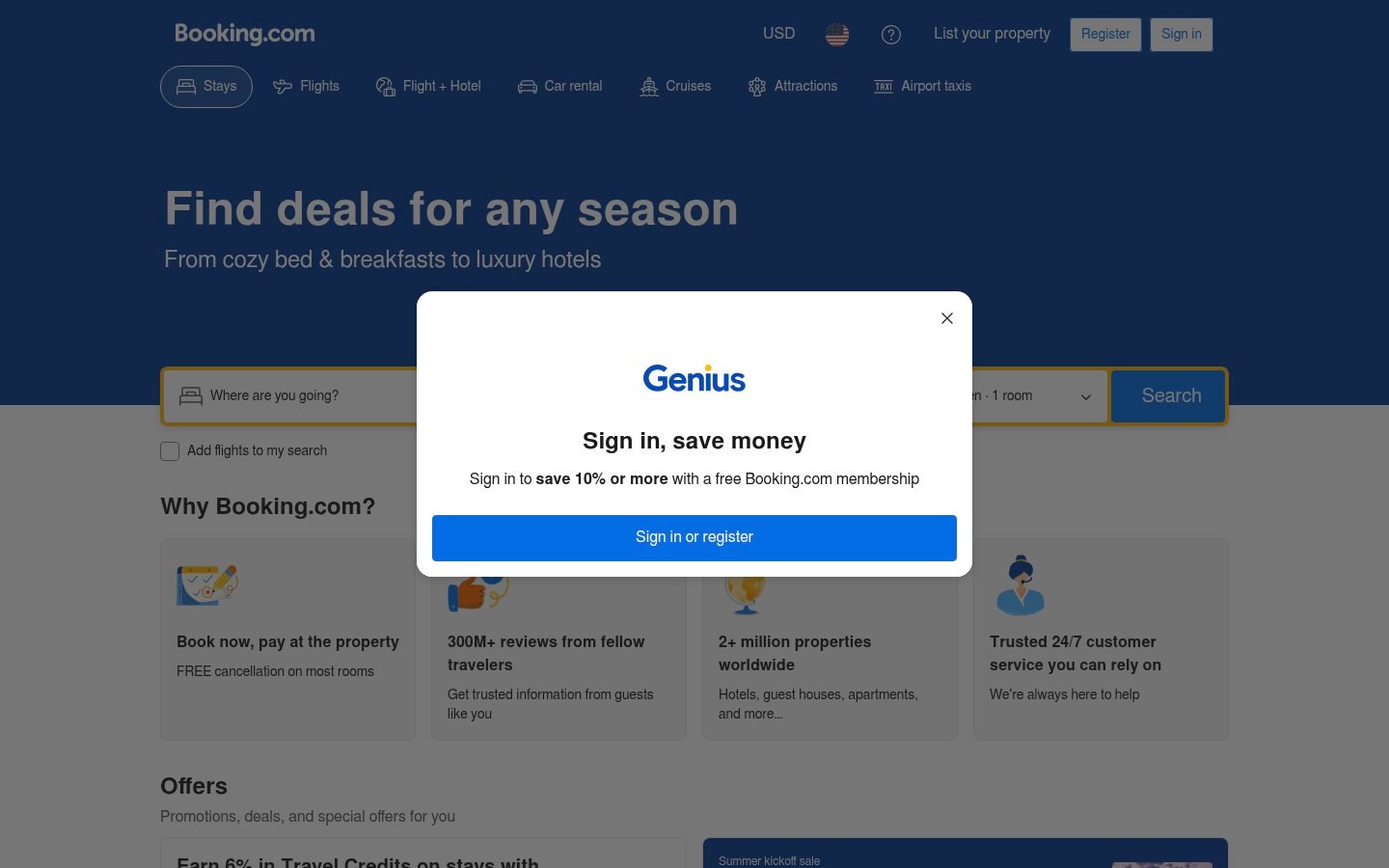 Screenshot of the booking.com homepage