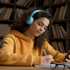HugeDomains — Image of a student wearing headphones and studying in a library.