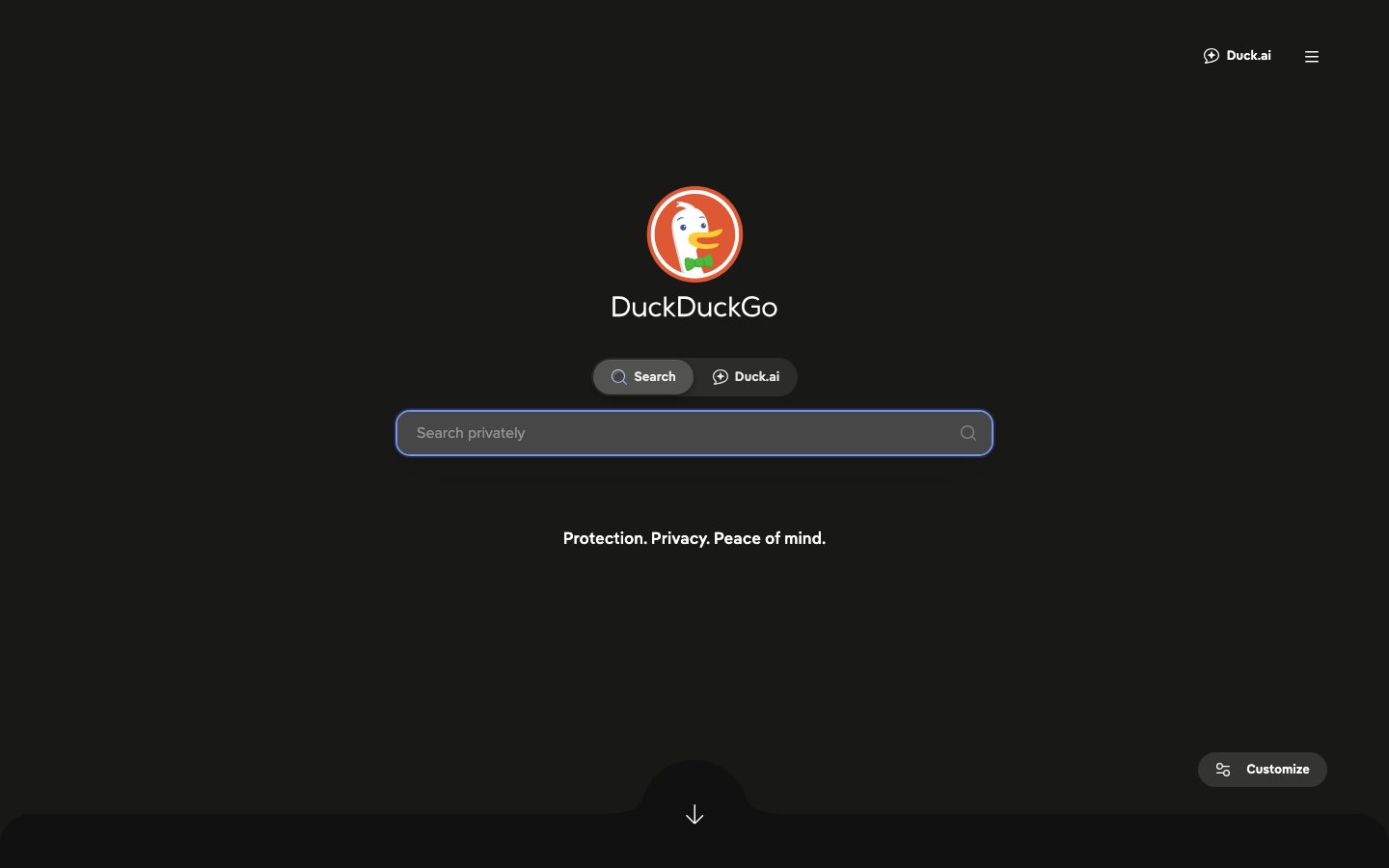 Screenshot of the duckduckgo.com homepage