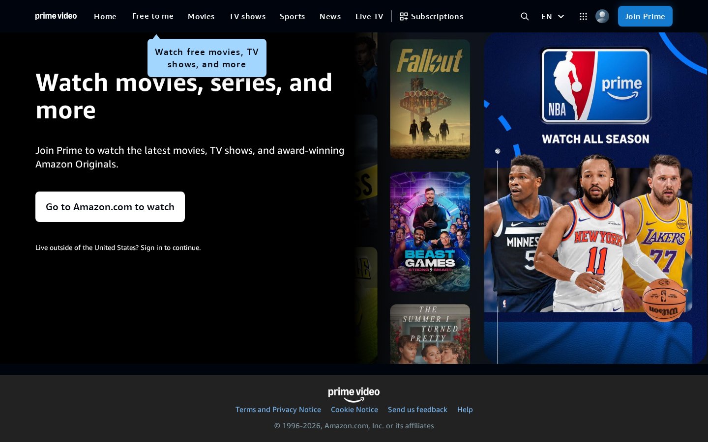 Screenshot of the primevideo.com homepage