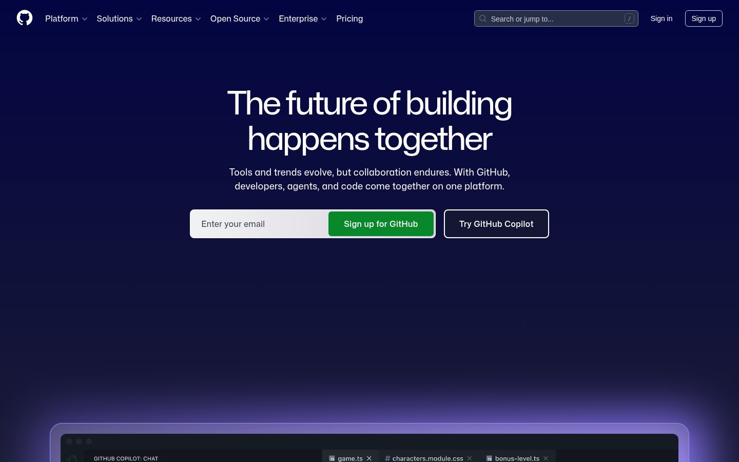 Screenshot of the github.com homepage