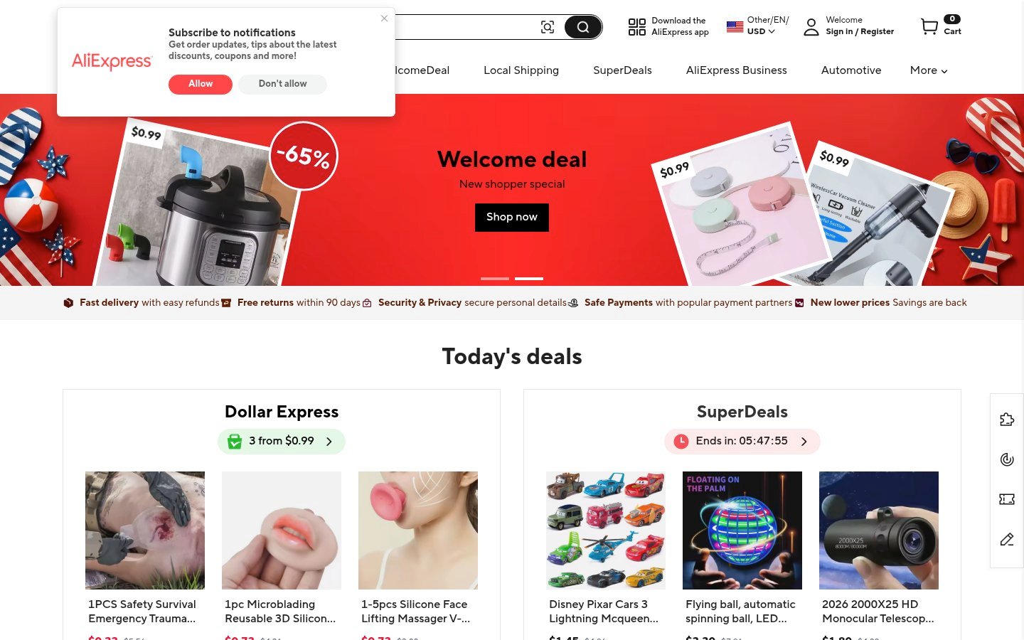 Screenshot of the aliexpress.com homepage